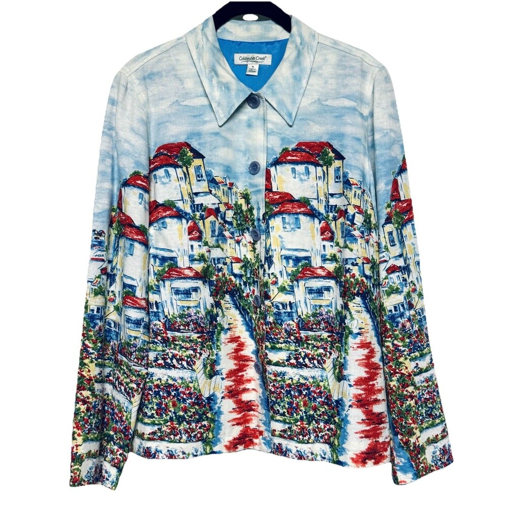 Coldwater Creek Blazer Women's Medium Blue Multi Watercolor Scene Linen Blend